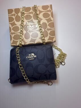Coach Signature Chain Crossbody Wallet | Black Leather Wallet Purse